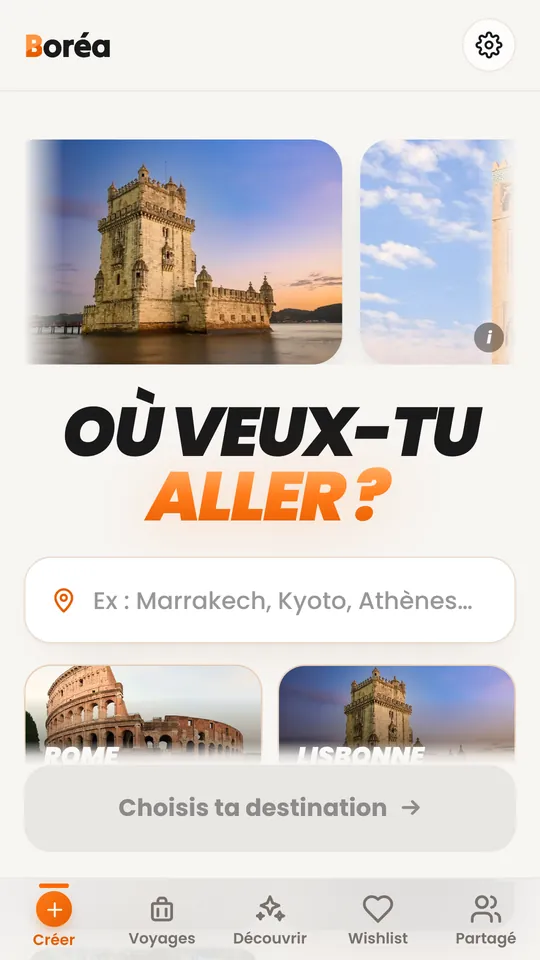 L'écran « Où veux-tu aller ? » de l'app Boréa