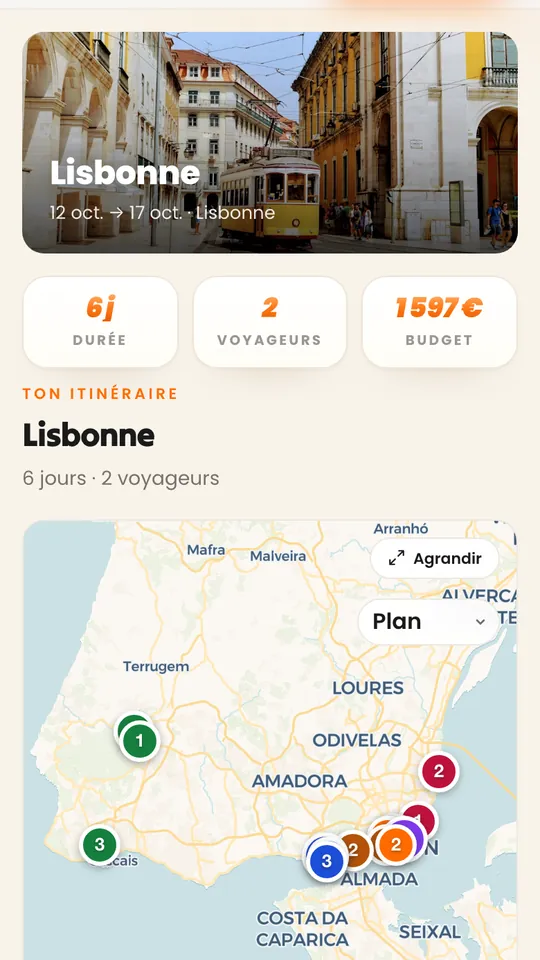 Le voyage à Lisbonne sur la carte, dans l'app Boréa